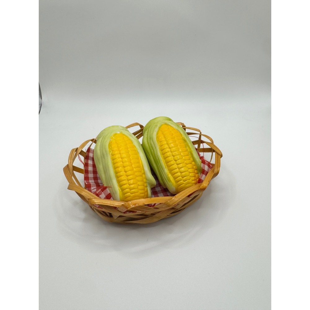 Vintage Corn on the Cob Ceramic Salt Pepper Shakers Wicker Basket Gingham - Picture 1 of 6